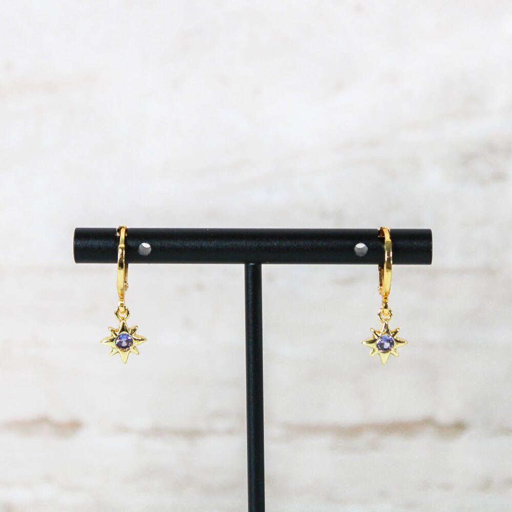 North Star Charm Huggie Hoop Earrings in Light Purple and Gold